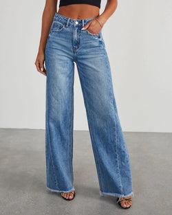 Straight Long Pant Blue High Waist Splice Pockets Denim Trousers