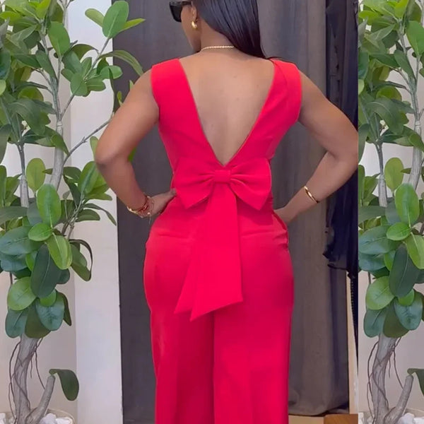 V-Neck Backless Bow Tops & High Waist Casual Pocket Wide Leg Pants
