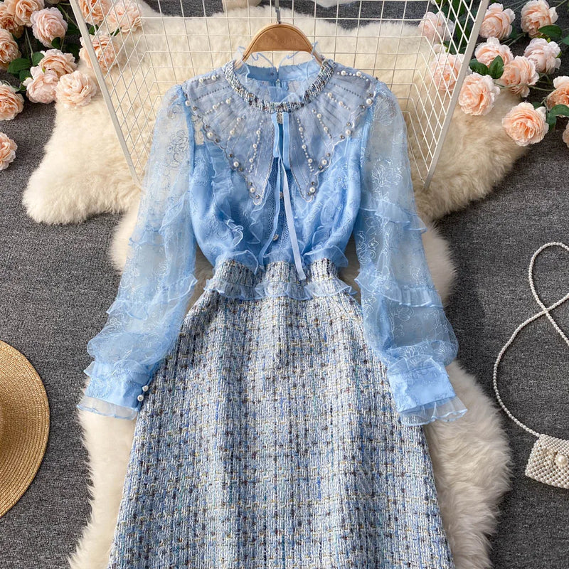 Woolen Tweed Plaid Ruffle French Pearls Dress