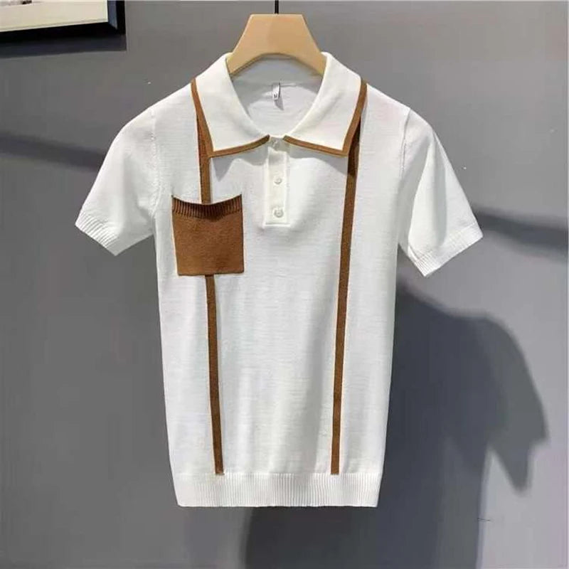 Pockets Patchwork Knit Polo Shirts