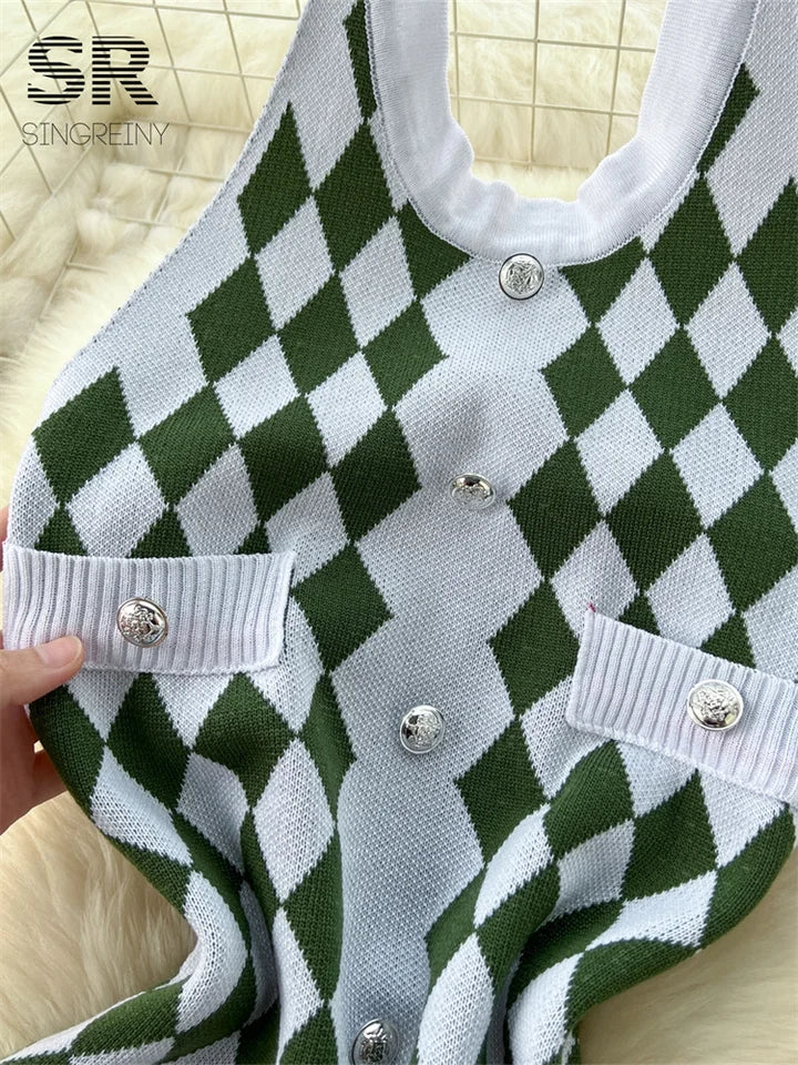 SINGREINY Argyle Split Knitted Dress