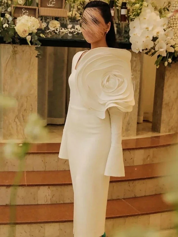 Slit Square Dress Calf Length, Decorated With Flowers