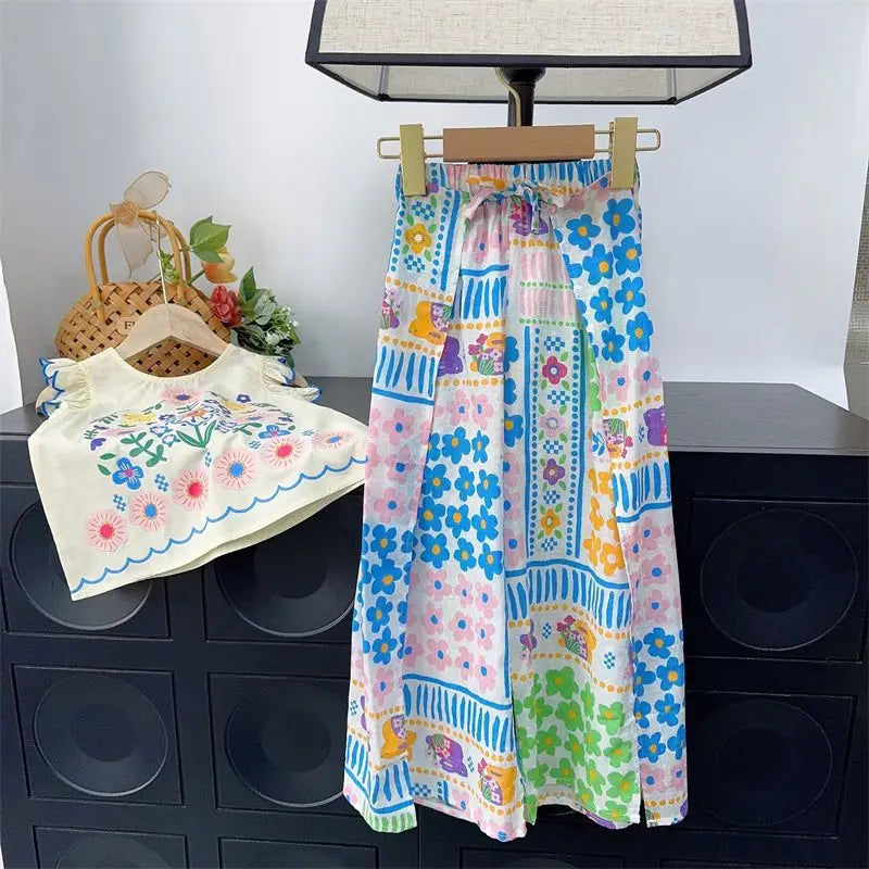 Bohemian Style Floral Sleeveless Top + Wide-leg Pants