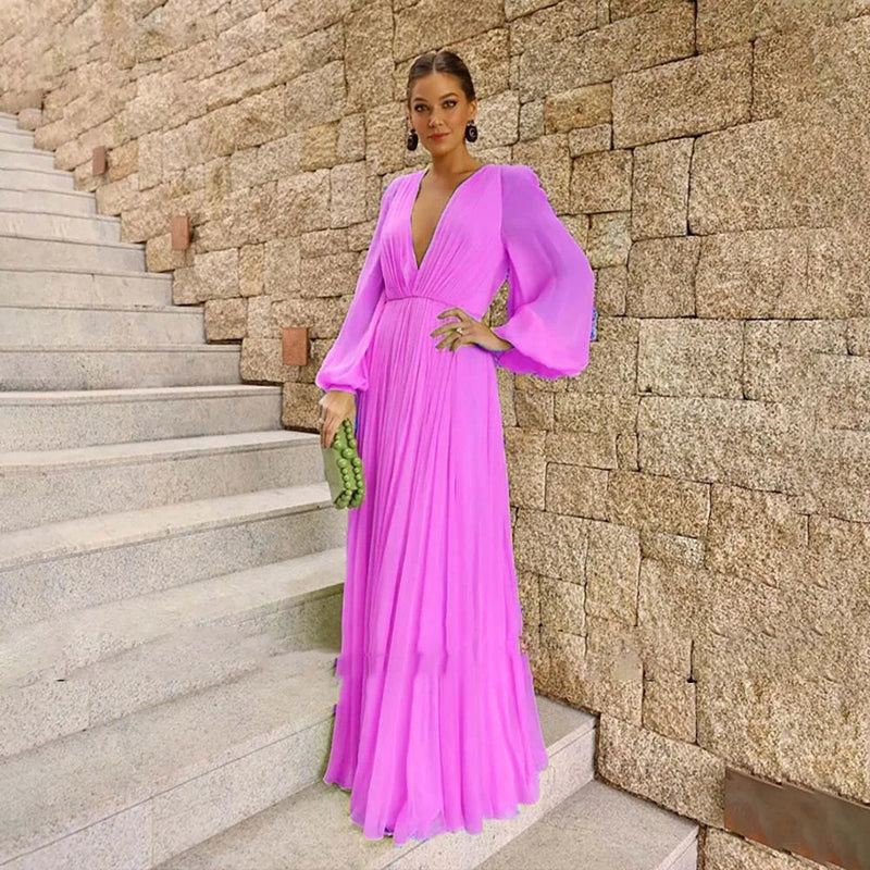 Camina Chiffon Deep V Neck Long Sleeve Dress