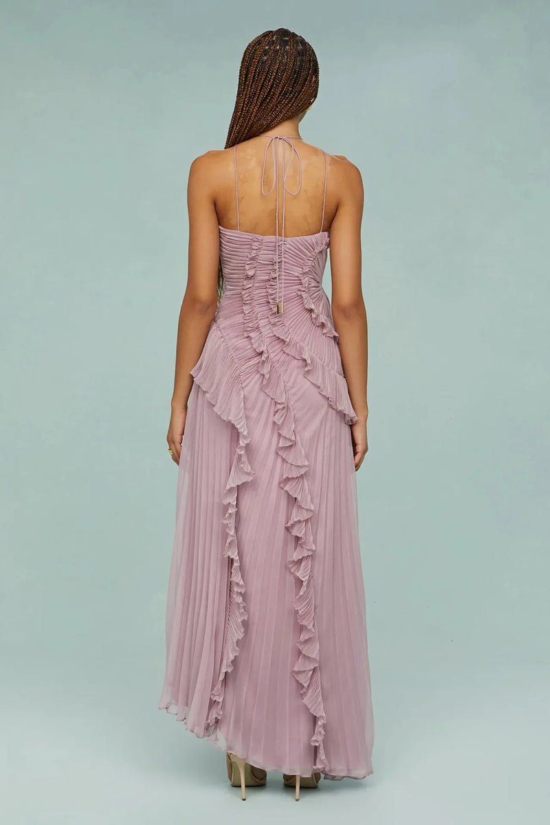 Elegant Neck Strap Ruffles A Line Lace Up Backless Dress