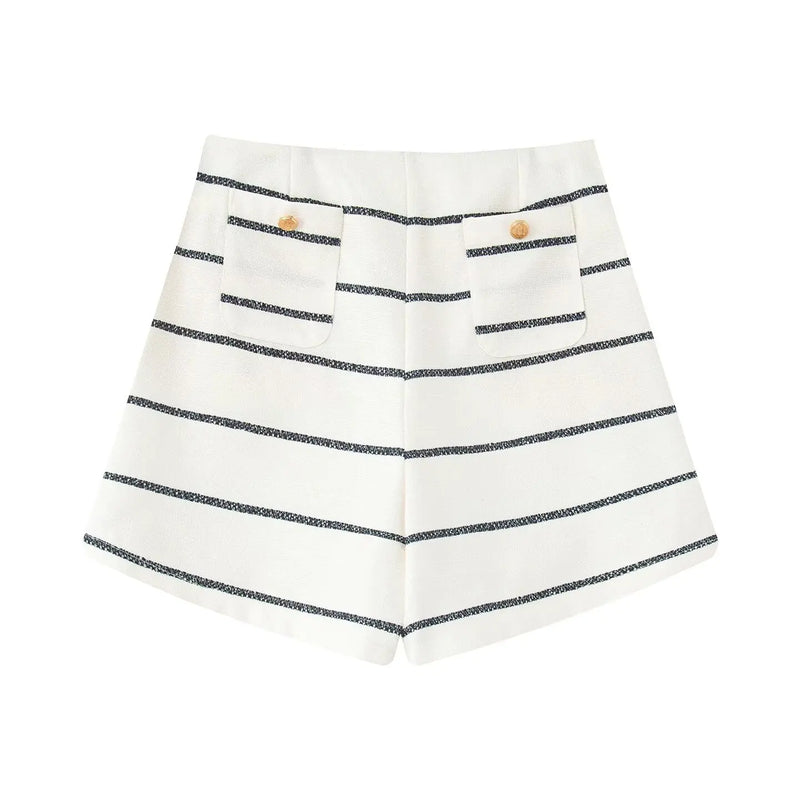 Striped Single-breasted Lapel Half Sleeves Tops Loose High Waist Short