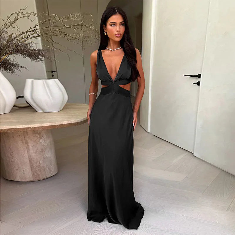 Deep V neck Hollow Sleeveless High Waist Dress