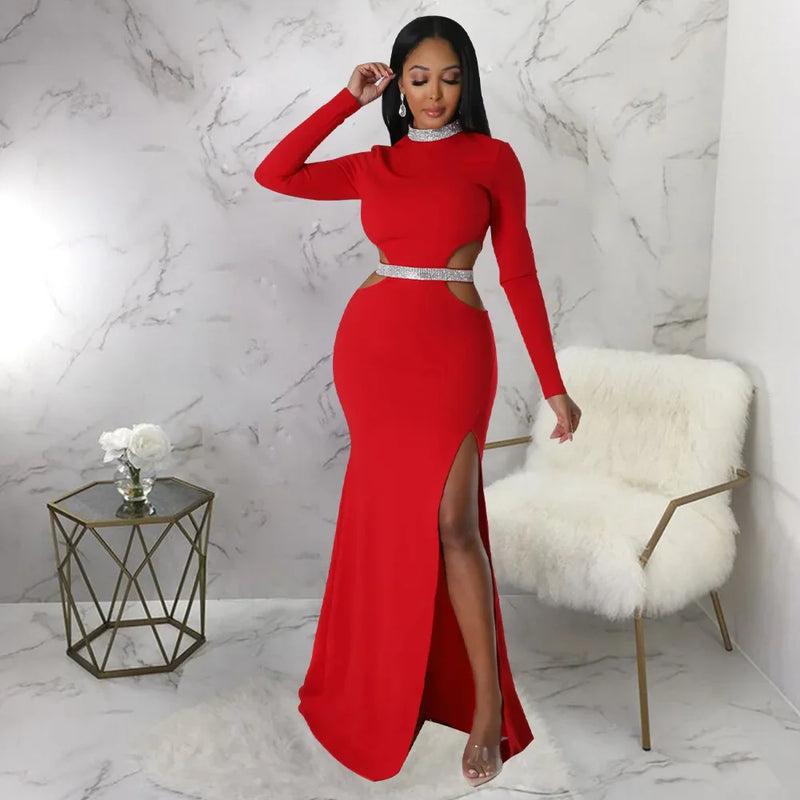 Cutout Waist High Side Split Long Sleeve Dress