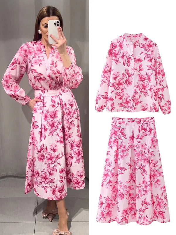CAMINA Long Sleeves Shirts Tops+Vintage High Waist Long Skirt