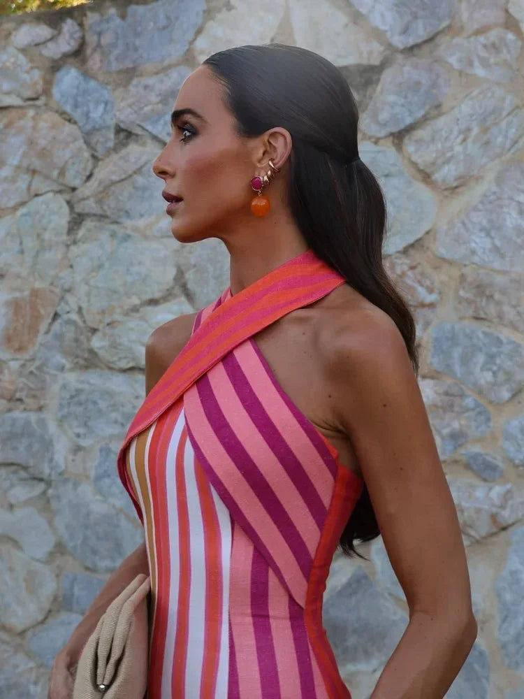 Contrast Striped Halte Off Shoulder Sleeveless Backless Slim Dress