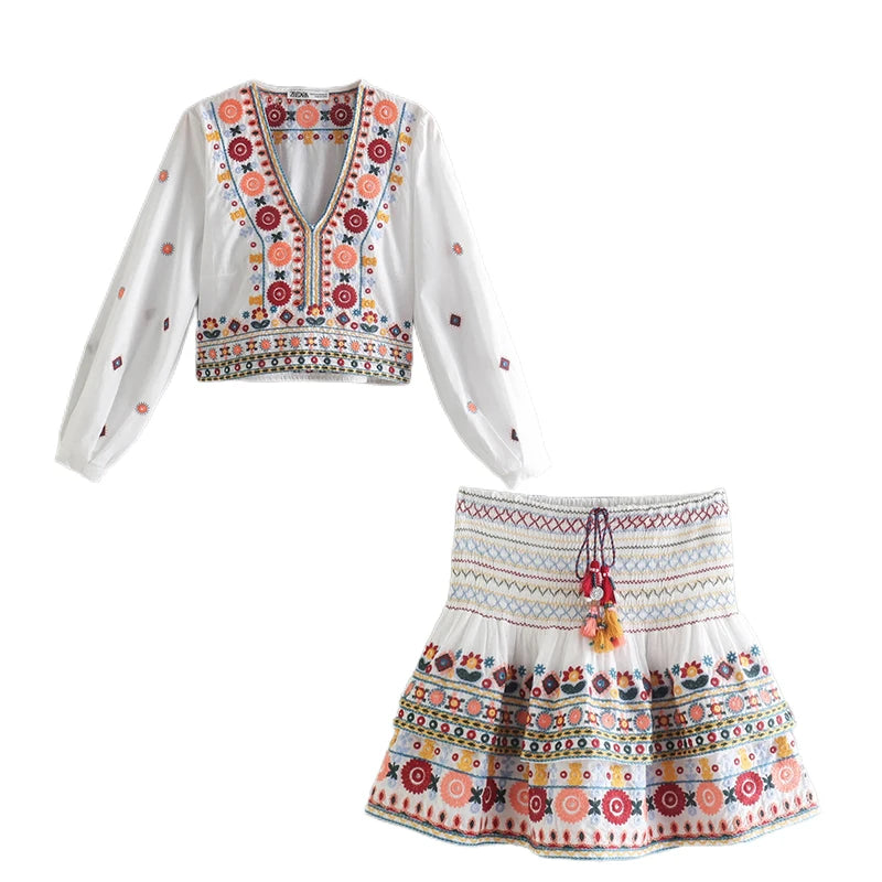Batwing Sleeve Embriodery Paisley Print Skirt V Neck Vintage Set