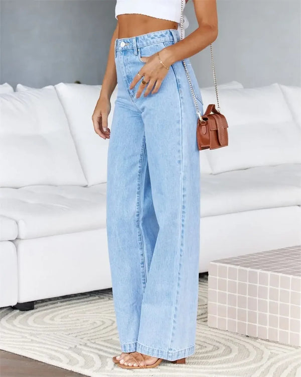 Denim Washing High Waist Loose Fit Pockets Button Basics Wide Leg Trousers