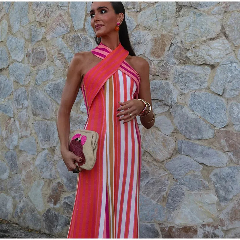 Contrast Striped Halte Off Shoulder Sleeveless Backless Slim Dress