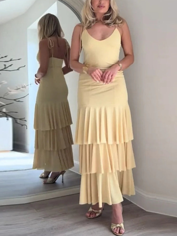 Cascading Ruffles Long V-neck Sleeveless Backless Dress