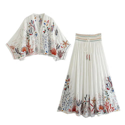 Batwing Sleeve Embriodery Paisley Print Skirt V Neck Vintage Set