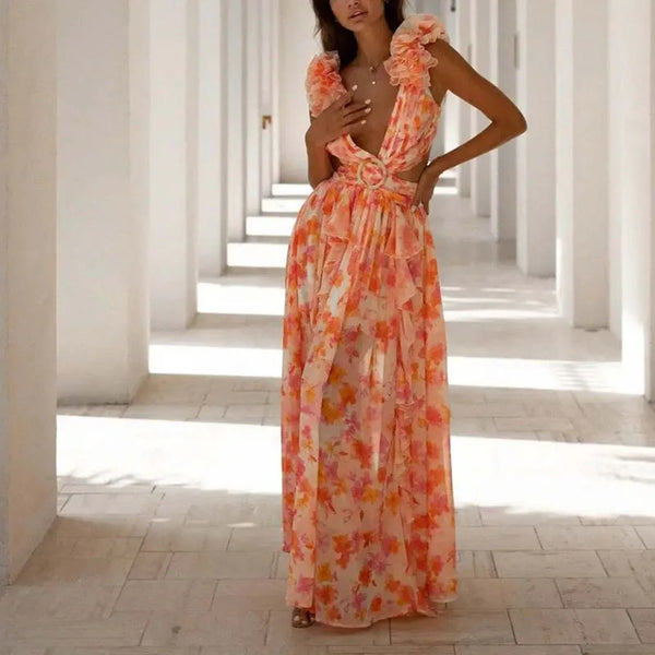 Elegant Floral Shoulder Deep V-neck Long Waist Ruffle Dress