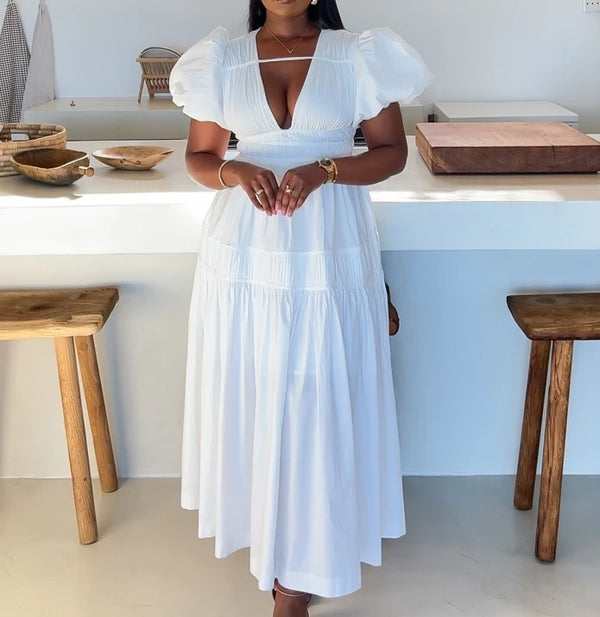 V-neck bubble sleeves pleated mid length long dress