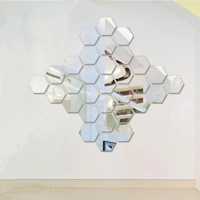 24pcs Hexagon Mirror Gold Self Adhesive Mosaic Tiles Wall Sticker