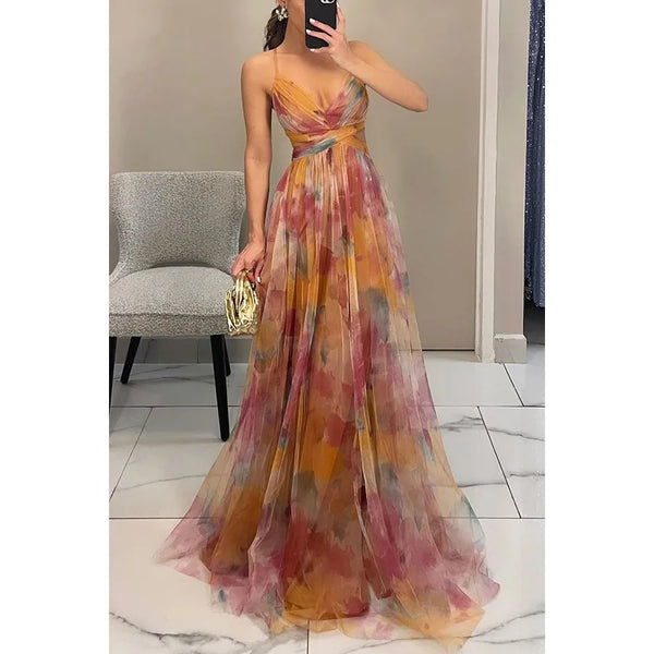 Elegant Floral Suspender Long Dress