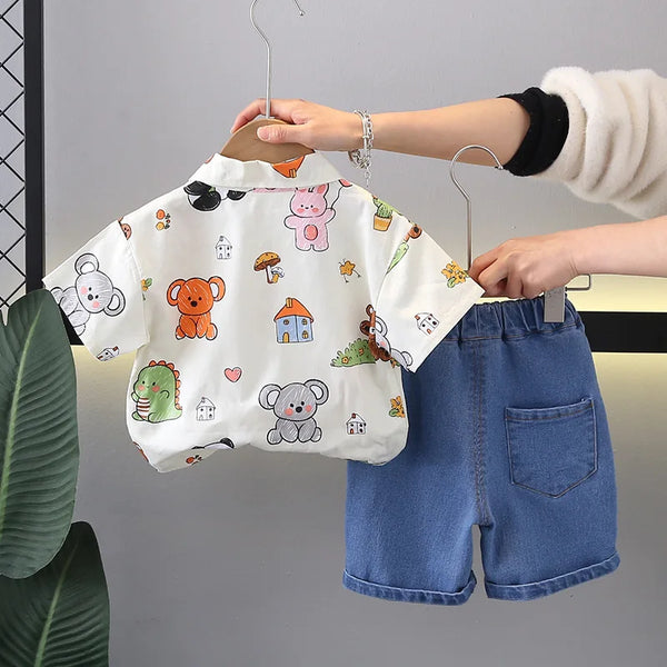 Toddler Boys Print Animal Short Sleeve Shirts + Shorts Suits