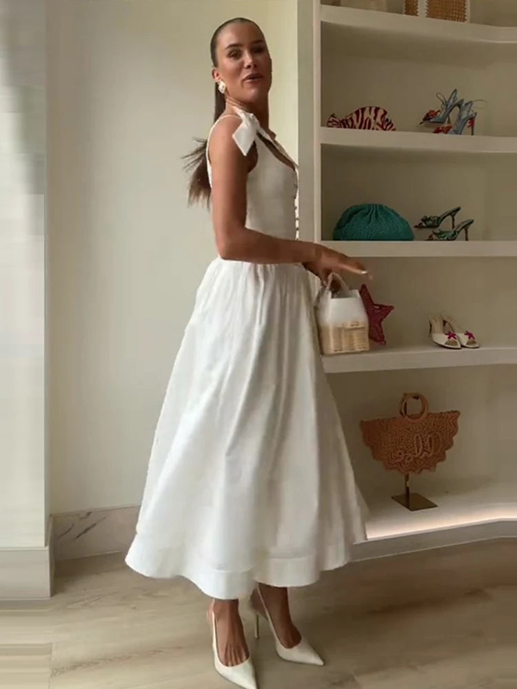 Elegant Chic Bow-tie Strap Plain Long Slim A-line Dress