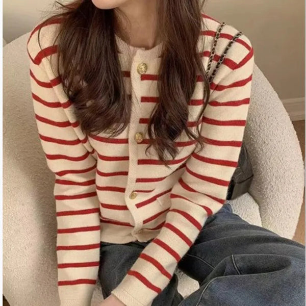 Stripe Knitted Cardigans O-neck Single Breasted Long Sleeve Crop Top