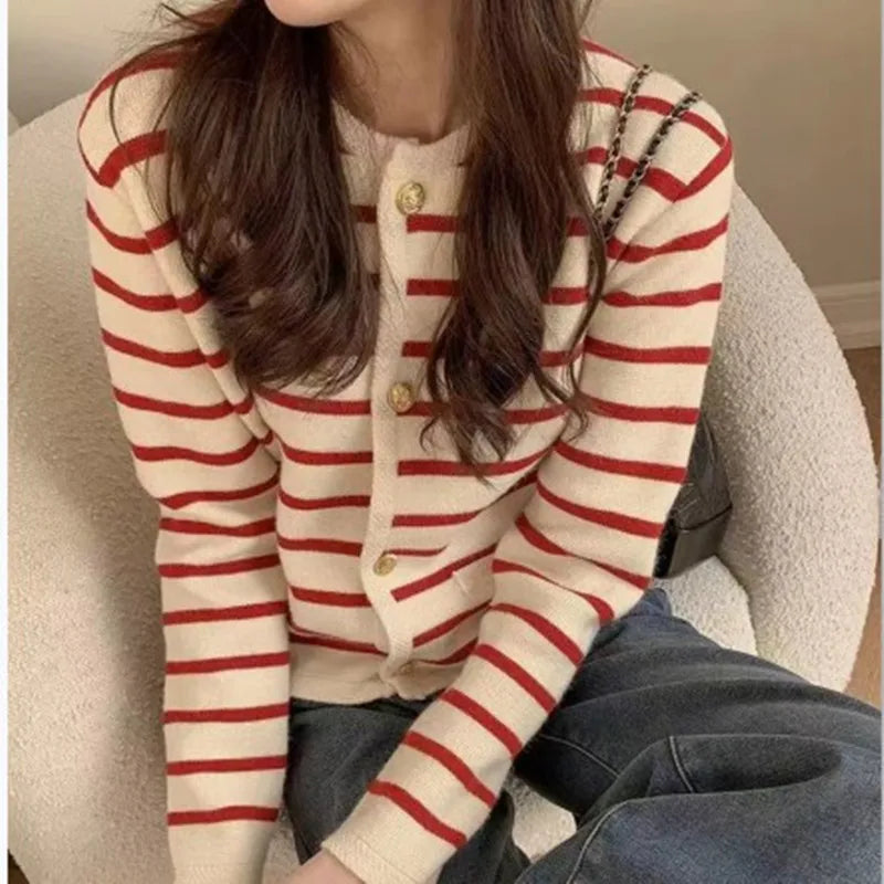 Stripe Knitted Cardigans O-neck Single Breasted Long Sleeve Crop Top