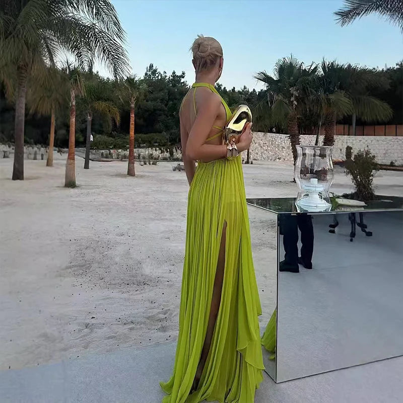Elegant O-neck Sleeveless & Long Skirt Set Sexy Backless Hollow Out Solid Loose 2Pc