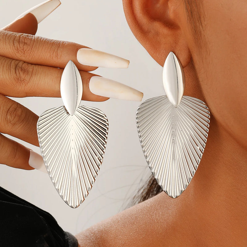 Advanced Metal Textured Leaf Pendant Big Earrings