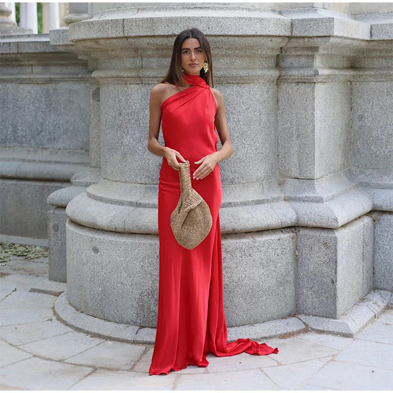 Elegant Solid Ribbon Off Shoulder Sleeveless Backless Slim Dress