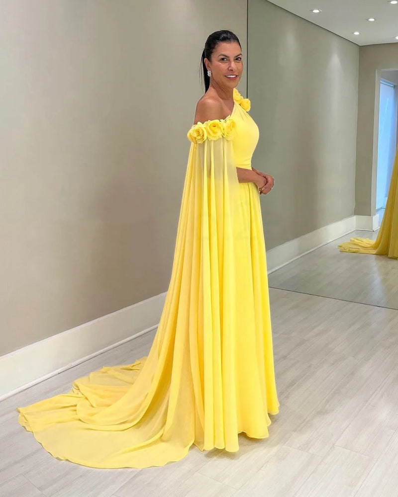 Flowers Off Shoulder Yellow Chiffon Long Prom Dress