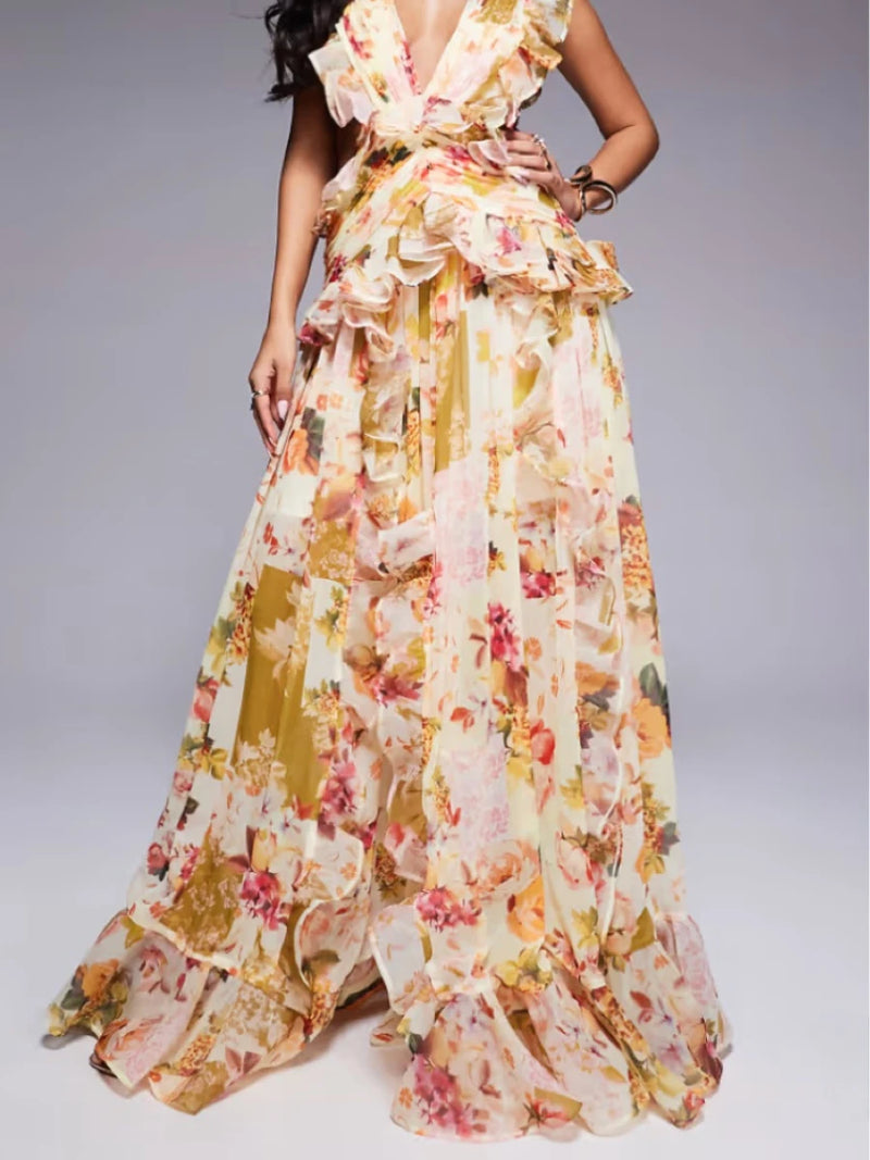 V Neck Sleeveless High Waist Ruffles French Dress