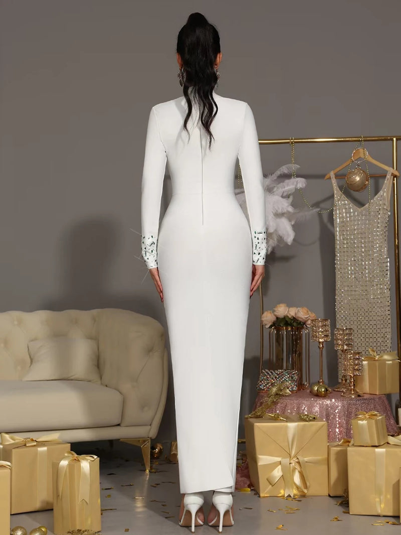 Elegant Diamond Celebrity Maxi Dress White Long Sleeved