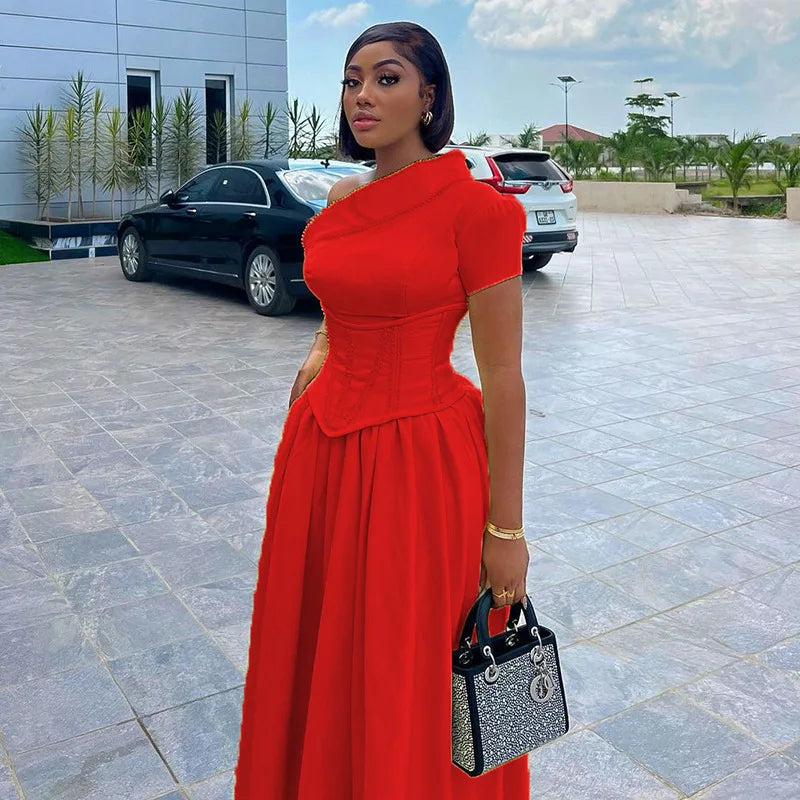 Elegant Ruched One Shoulder Lace Up Maxi Long Dress