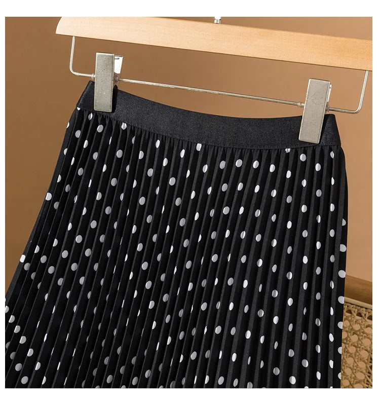 Polka Dot Pleated Long Elastic High Waisted Slim Skirt