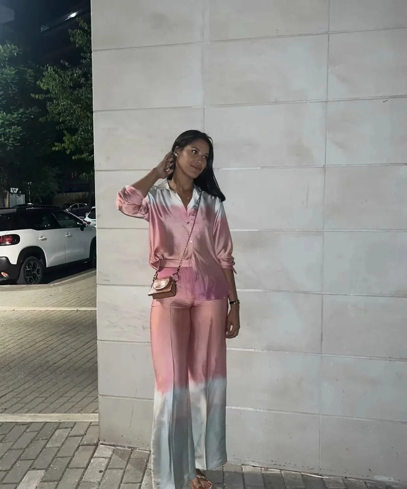 Tie Dye Gradient Print Loose Shirts Top Wide Leg Pants