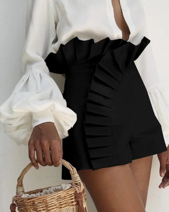 Solid Color Ruffled Ruched High Elastic Waist Shorts