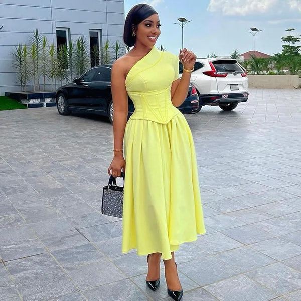 Elegant Ruched One Shoulder Lace Up Maxi Long Dress