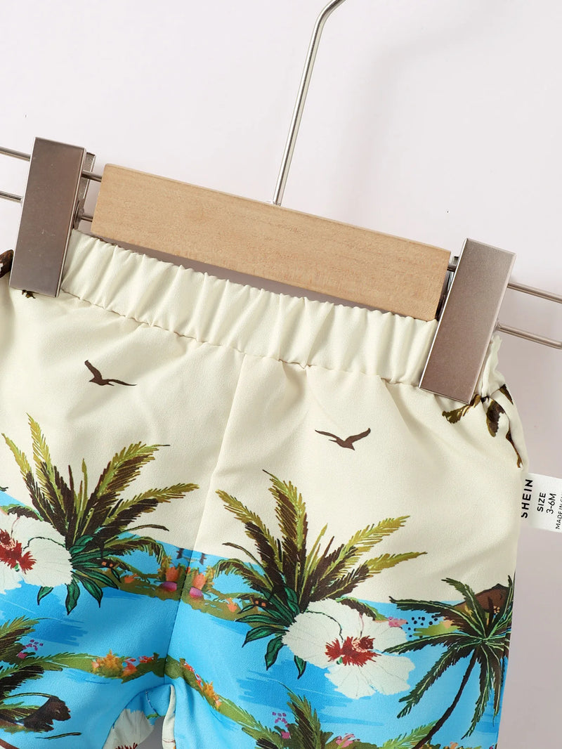 Polo Collar Color Contrast Plant Leaf Print Short Sleeve Loose Pants