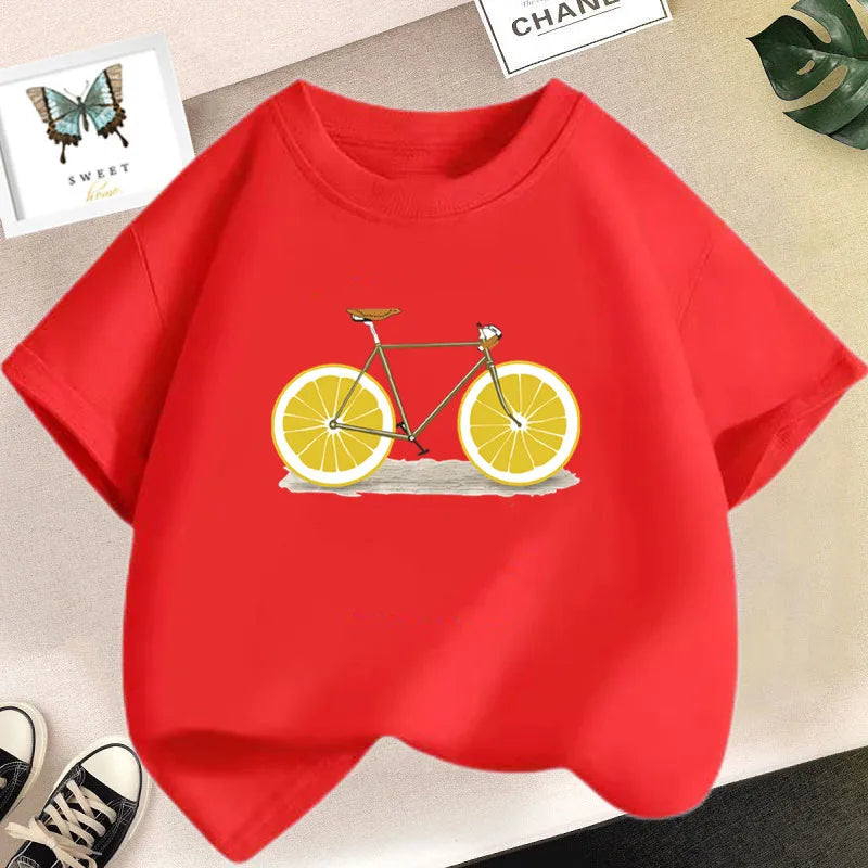 Cute Lemon Fruit Cartoon Bike Printed Tops Tee Short Sleeve