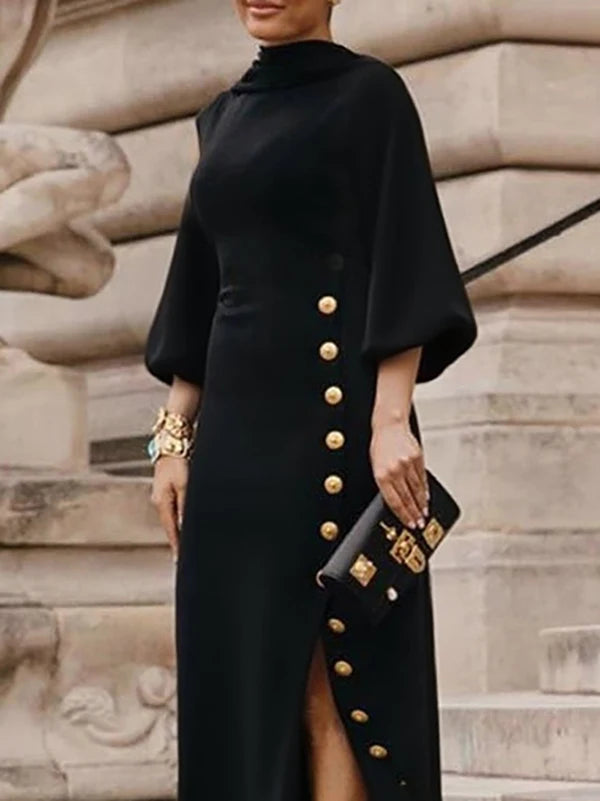 Slit Maxi Lace Up Gold Button Black Long Dress