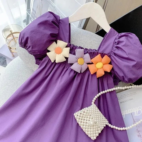 Elegant Puff Sleeves Flowers Dress 1-9 Years Old