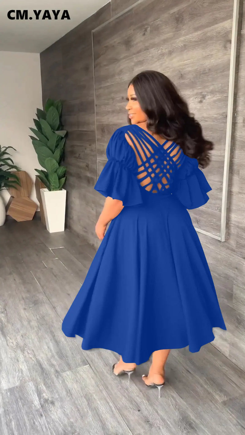Vintage Criss Cross Open Back Lantern Half Sleeve V-neck Dress