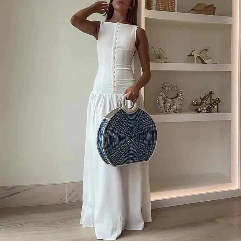Summer Breasted Sleeveless Boat Neck Maxi Bodycon Casual Dress