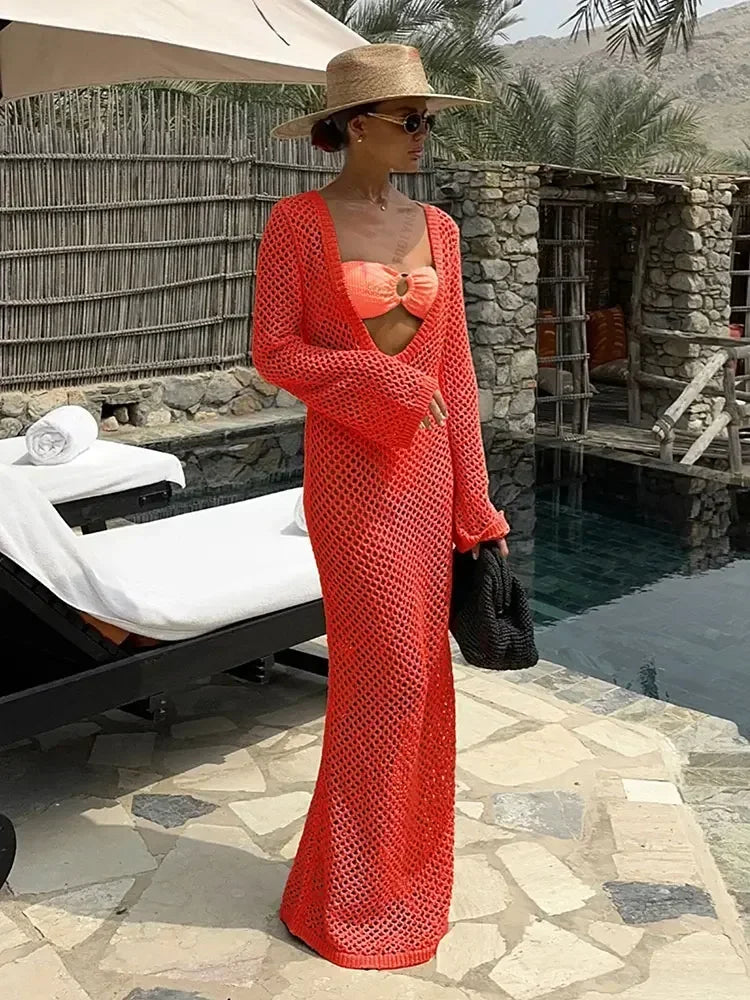Sexy U-neck Bell Sleeve Knit Swimwear Bikinis Cover-ups