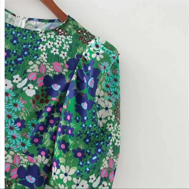 Vintage Flower Puff Sleeve High Waist Long Calf Elegant Dress