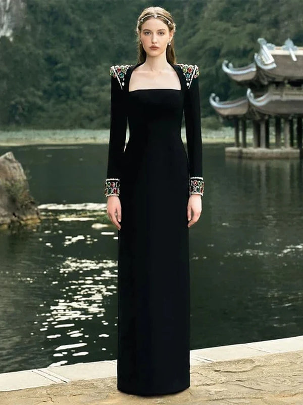 Sleeve Diamonds Rhinestone Beaded Long Dress