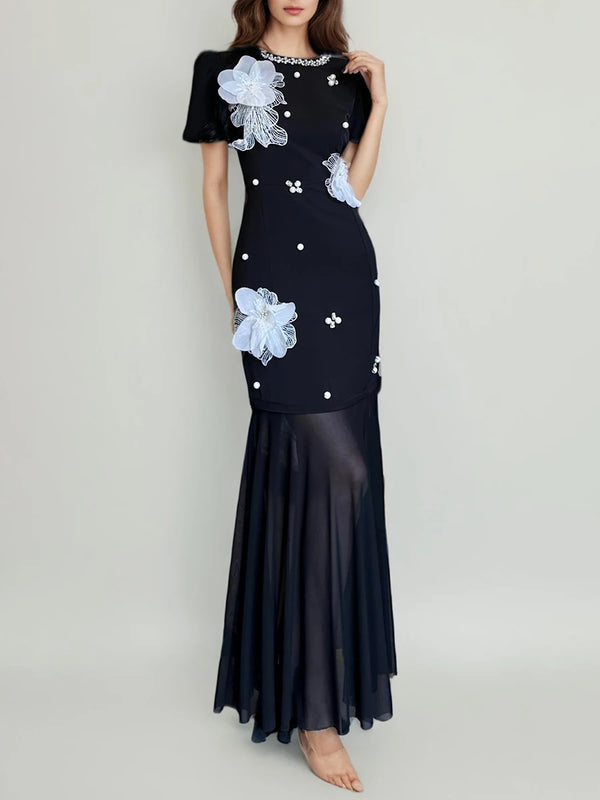 Spliced 3D Flower Round Neck Short Sleeves Patchwork Dress