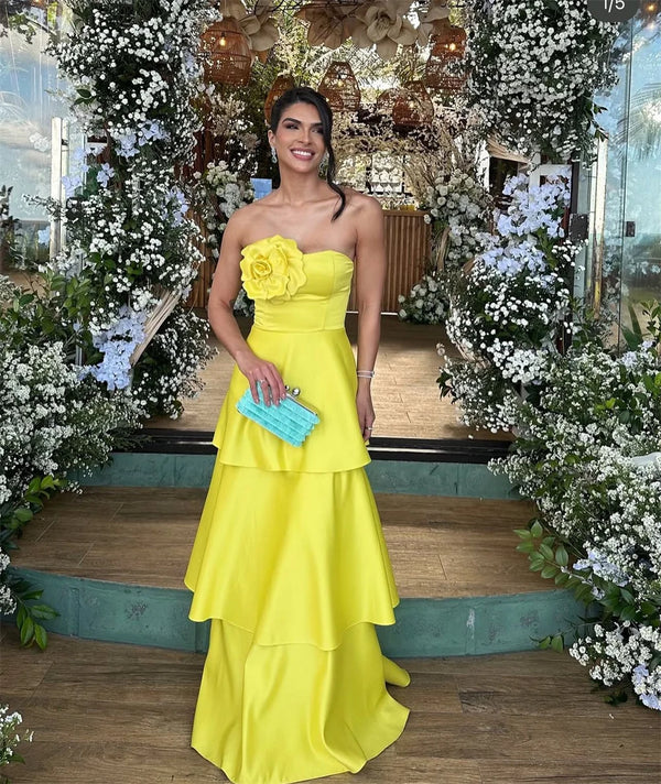 Tiered 3D Flower Sheath Strapless Sleeveless Dress
