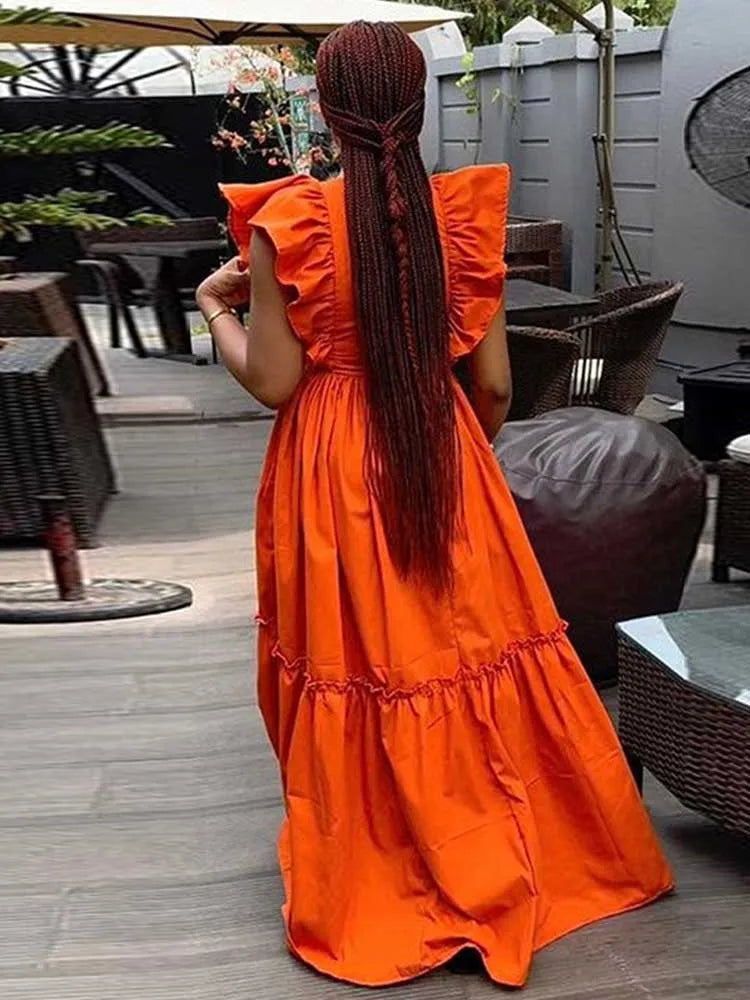 Long Summer Knitted Ruffle Sleeves Casual Orange Dress
